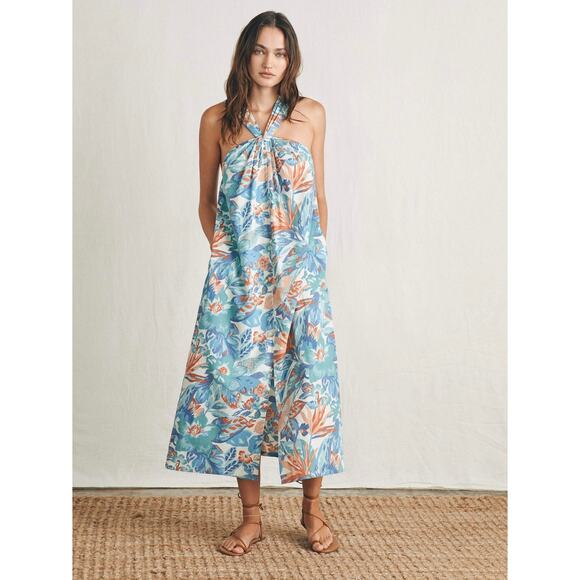 FAHERTY Bay Twist Dress Women Small Floral Print Blue Halter Maxi Sleeveless NEW - Picture 3 of 16